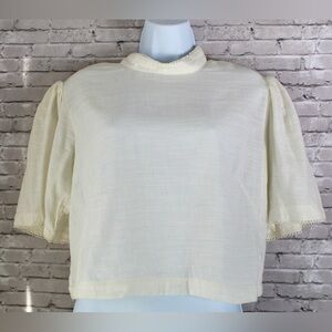 Hannah Kristina Metz L, Ivory Short Puffy Wide Sleeve High Collar cropped shirt